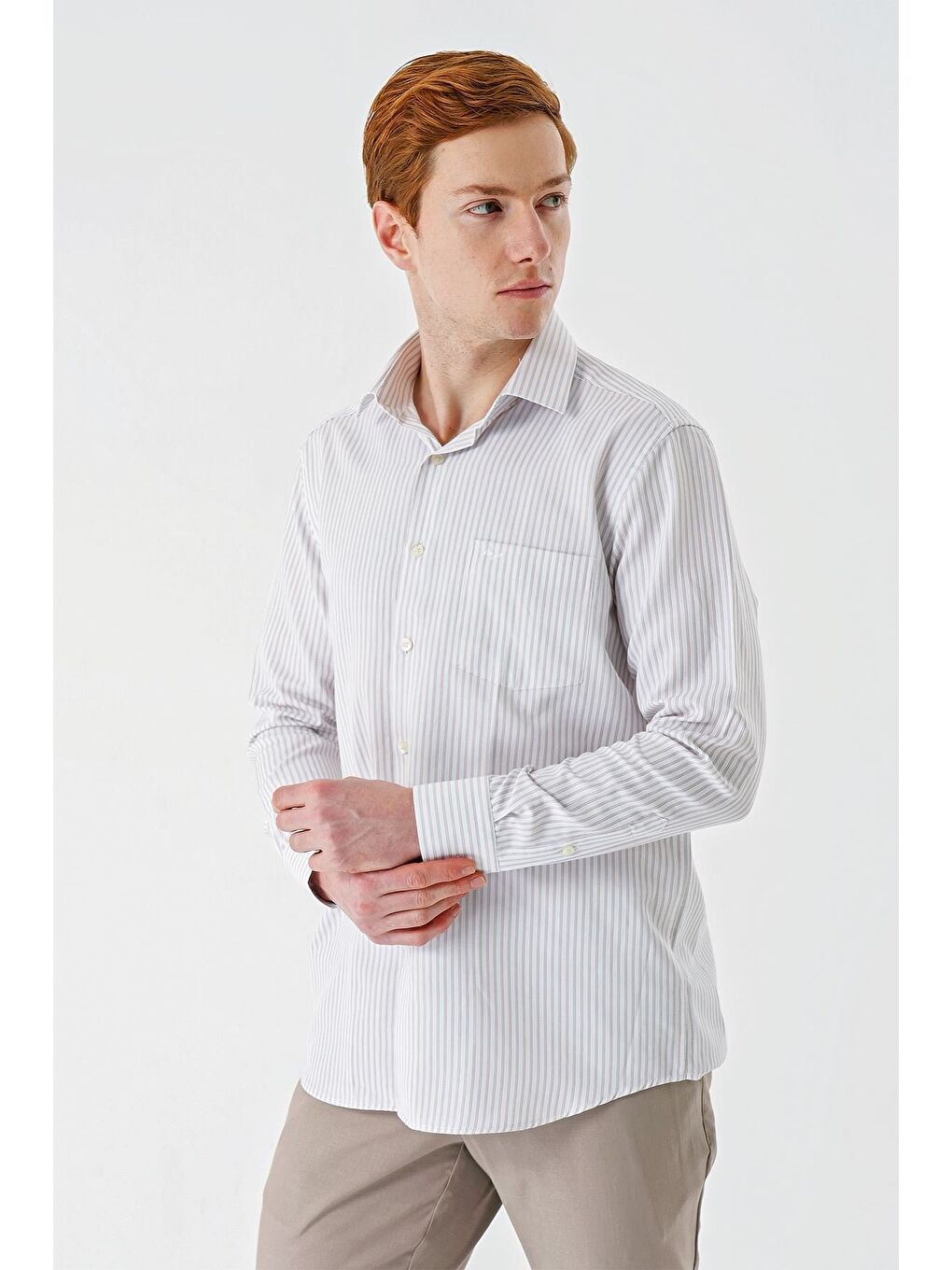 Bej Uzun Kollu Çizgili İtalyan Yaka Cepsiz Garnili Pamuklu Klasik Slim Fit Gömlek 1004240151