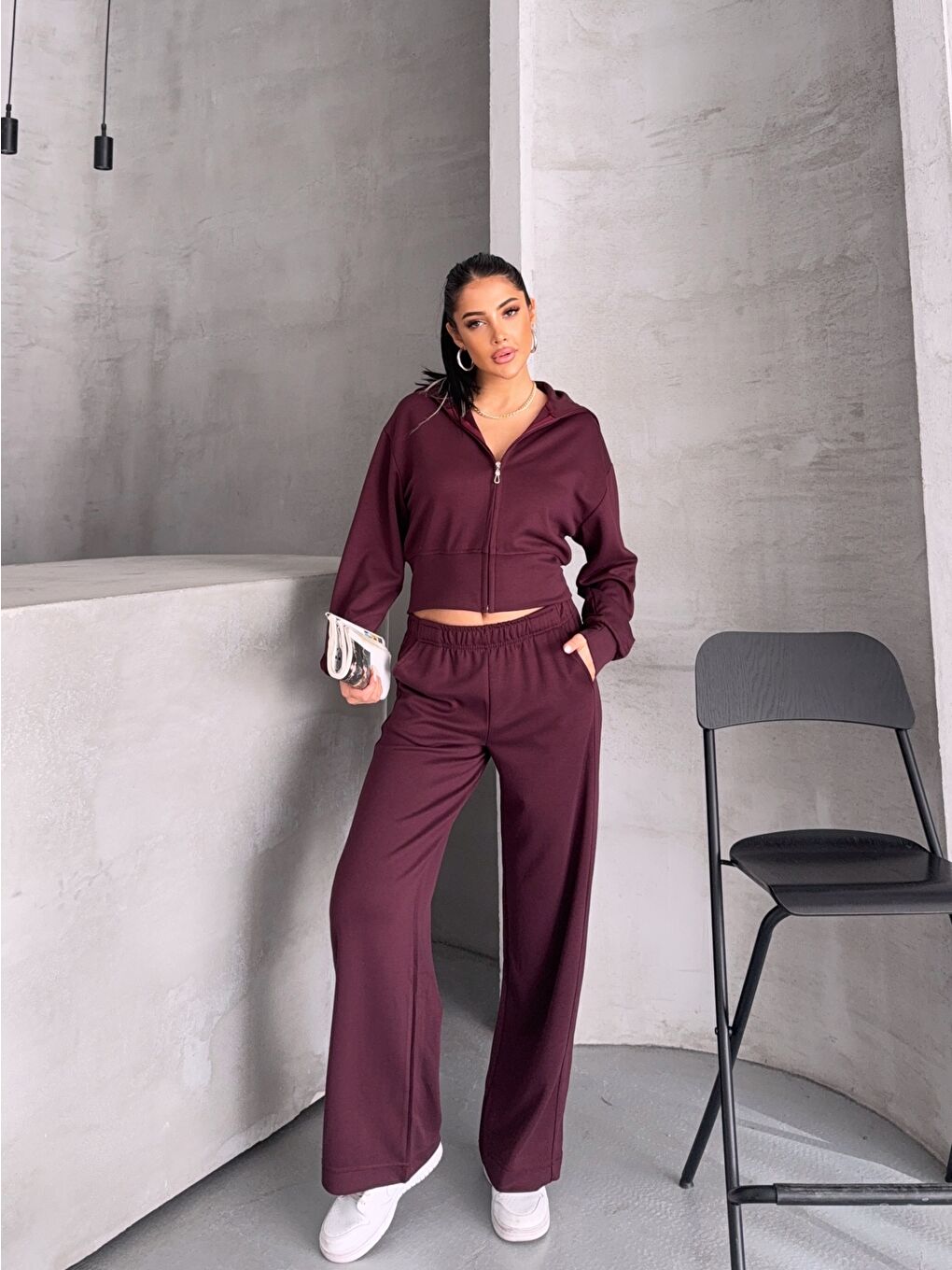 Modal Kumaş Crop Üst Eşofman Takım Bordo-1