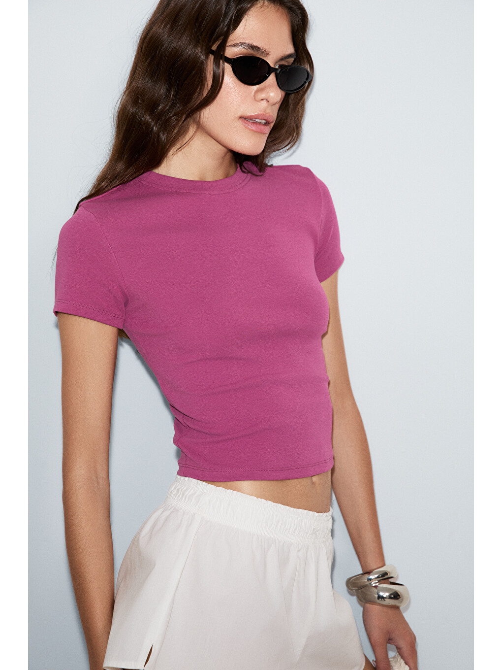 Zolen Kadın Yumuşak Ve Esnek Kumaşlı Organik Pamuklu Kısa Kollu Crop Fuşya T-shirt-2