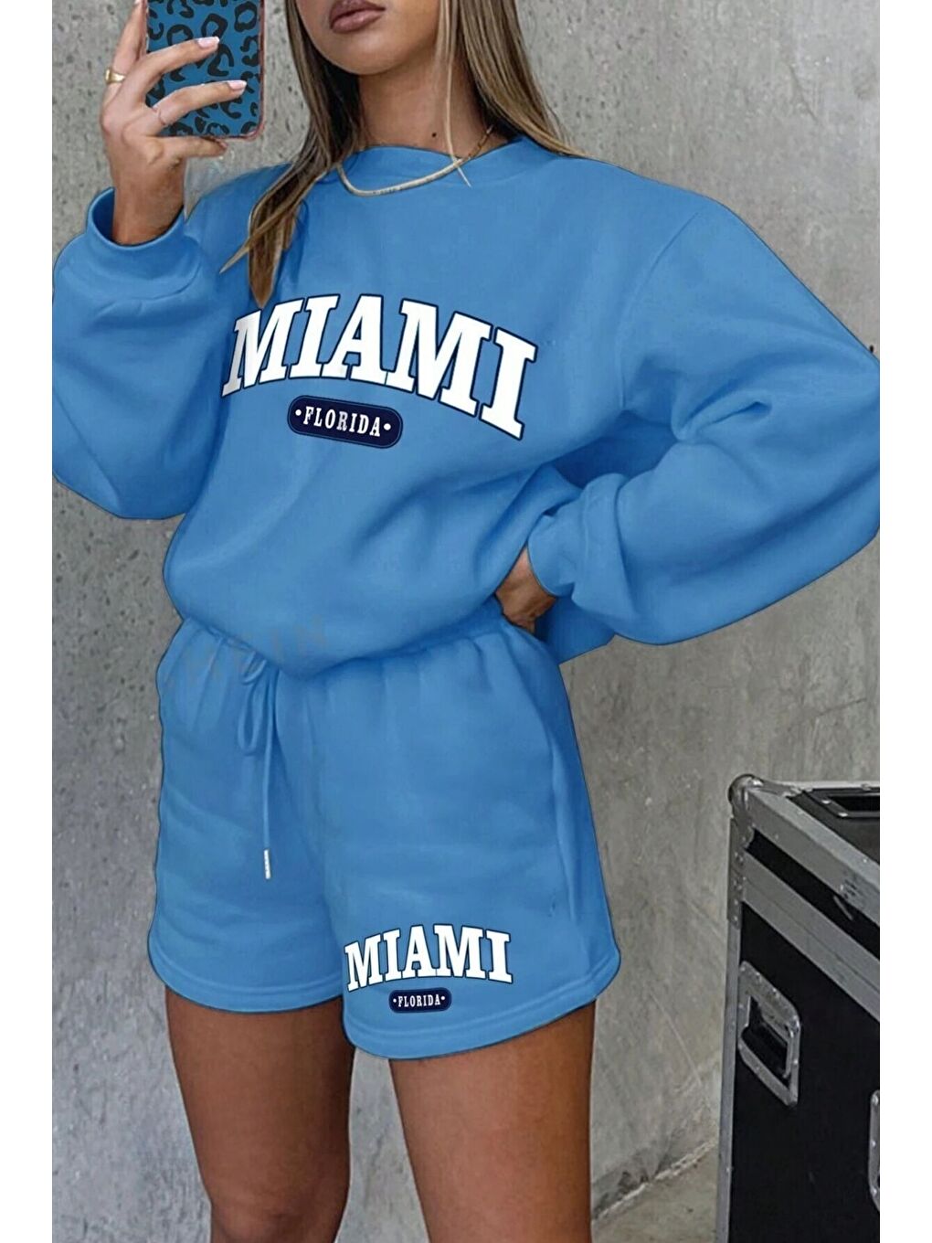 Kadın Mavi Miami Florida Baskılı Şortlu Alt Üst Eşofman Takım