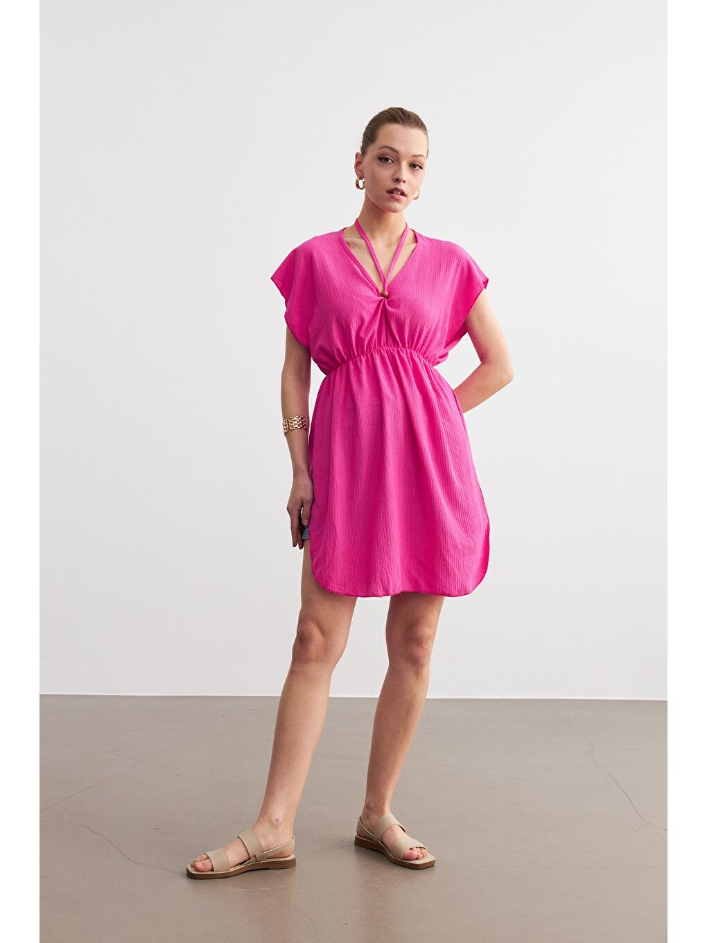 Kadın Fuşya V Yaka İpli Pareo-2