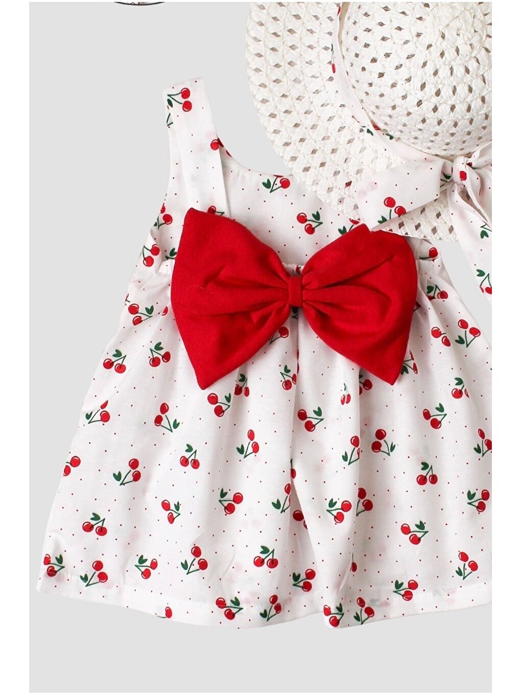 Kırmızı Kiraz Desenli Şapkalı Fiyonklu Kız Bebek Elbisesi-2