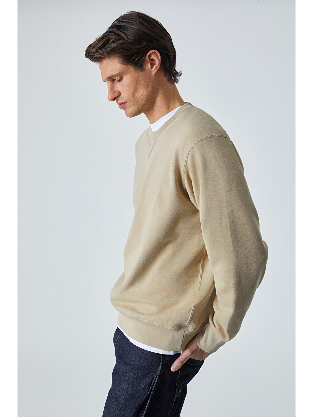 Bej Bonell Erkek %100 Pamuk Relaxed Bisiklet Yaka Uzun Kollu Vizon Sweatshirt-3