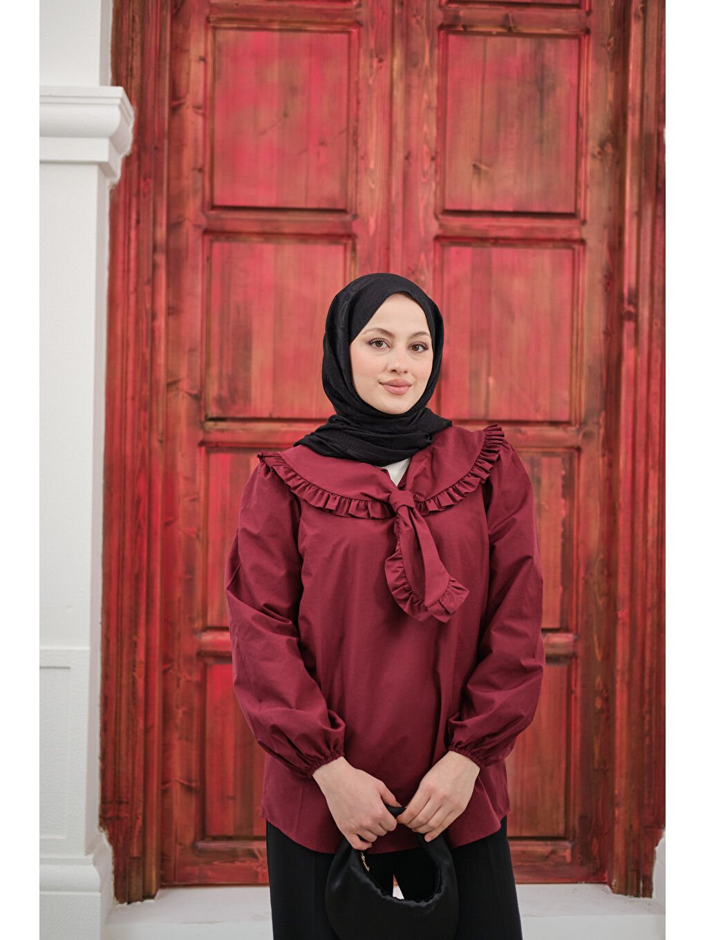 Kadın Yakası Fırfırlı Basic Gömlek Bordo-1