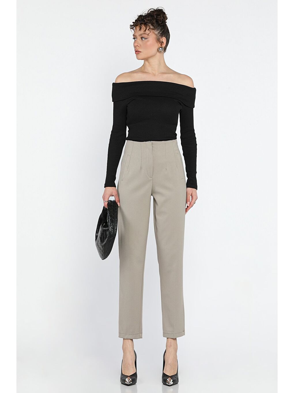 Bej Kadın Yüksek Bel Pantolon-1
