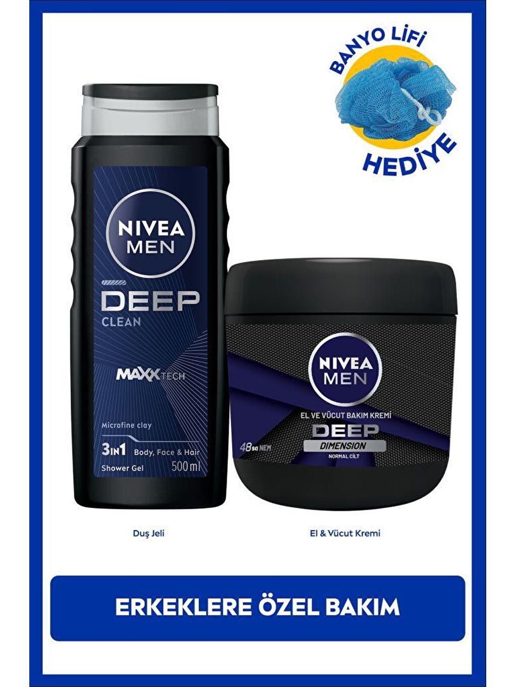MEN Erkek Deep Dimension Duş Jeli 500ml ve Deep Impact Nemlendirici El Vücut Kremi 400ml, Lif Hediye
