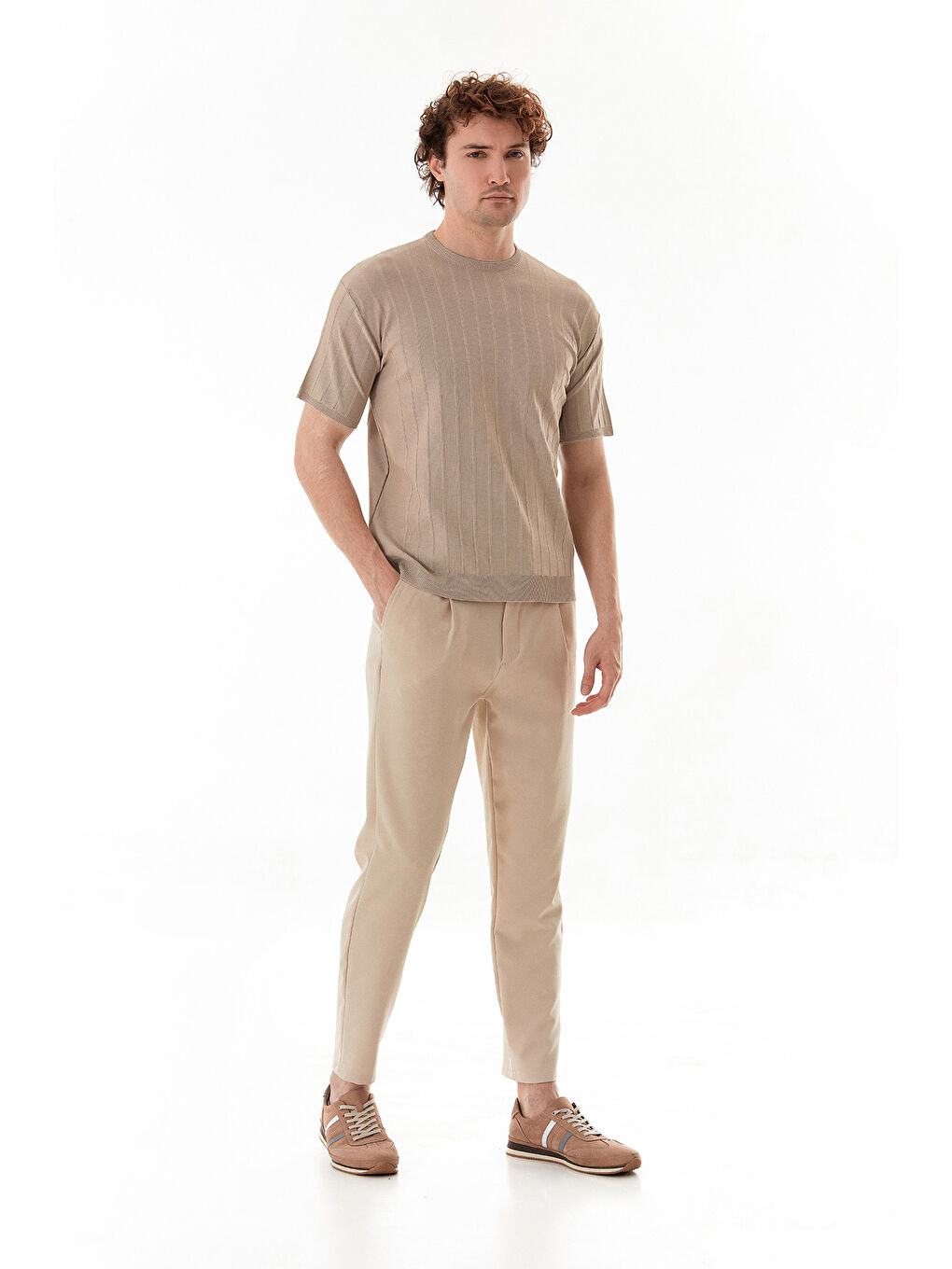 Bej Şeritli Bisiklet Yaka Triko Tişört-1