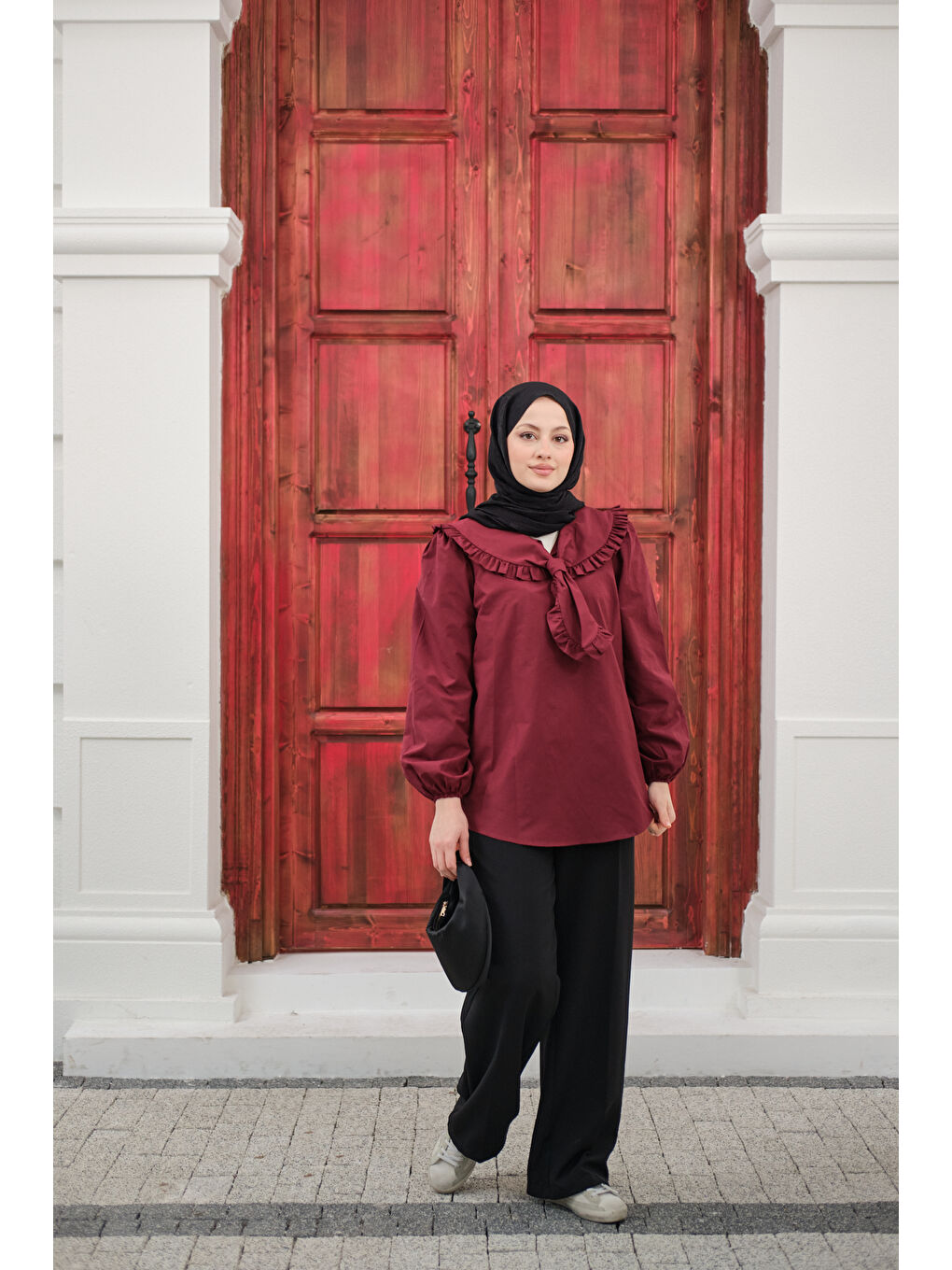 Kadın Yakası Fırfırlı Basic Gömlek Bordo-2