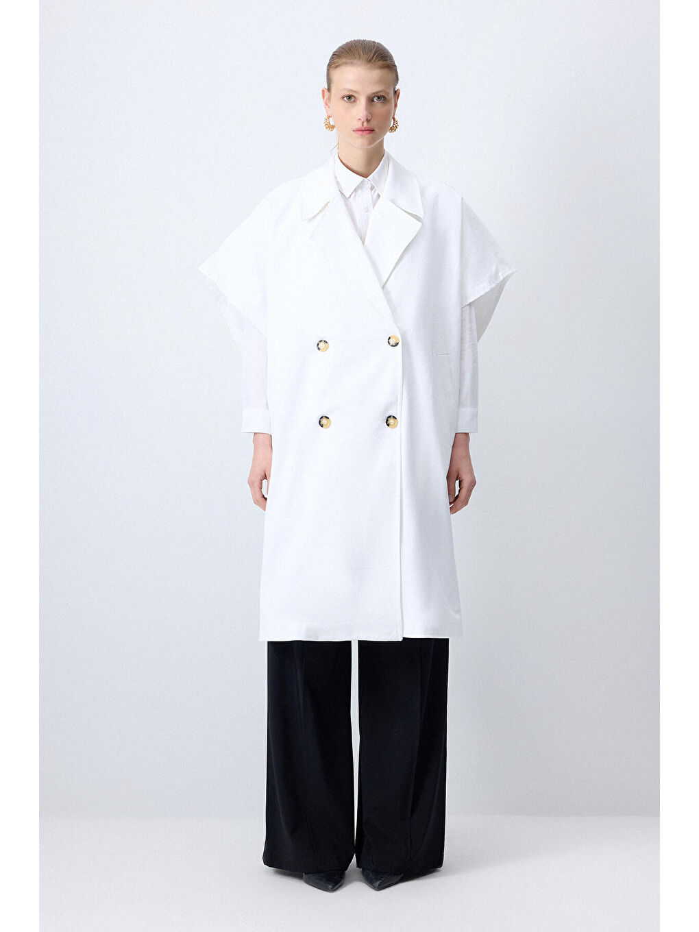 Beyaz Kruvaze Gabardin Trençkot