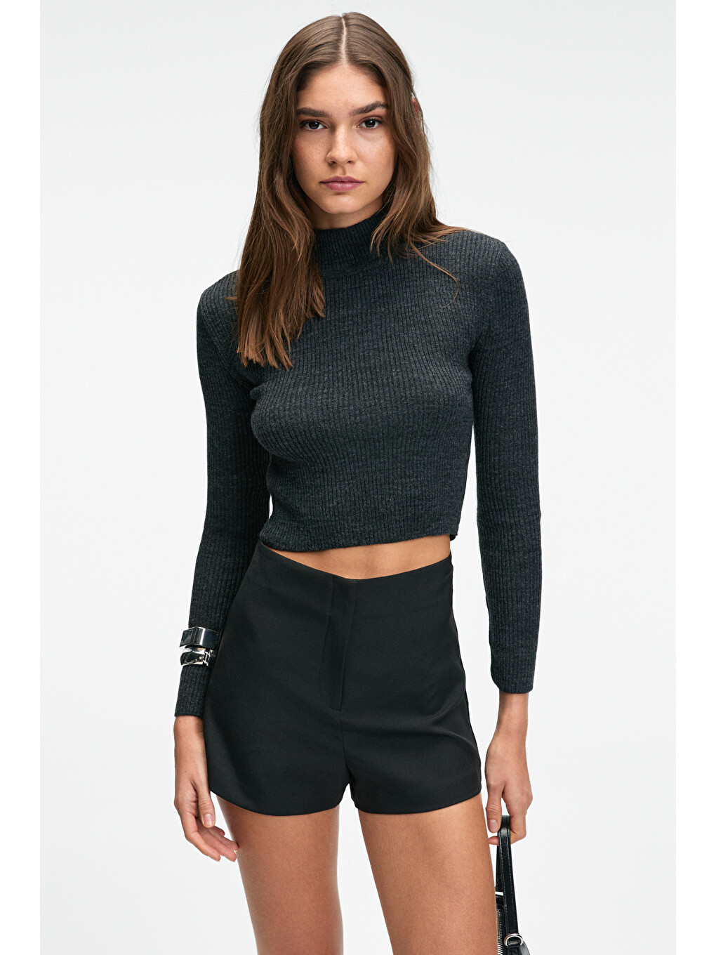 Calıda Kadın Dik Yaka Fitilli Görünümlü Slim Fit Triko Antrasit Kazak-1