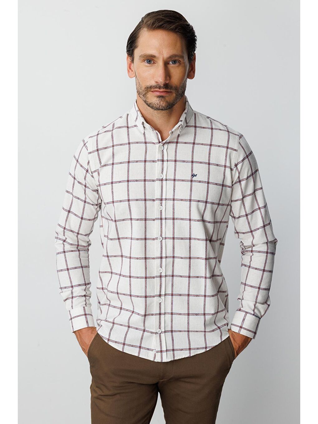 Kahverengi Ekru Dynamic Fit Düğmeli Yaka Ekose Uzun Kollu Pamuklu Gömlek