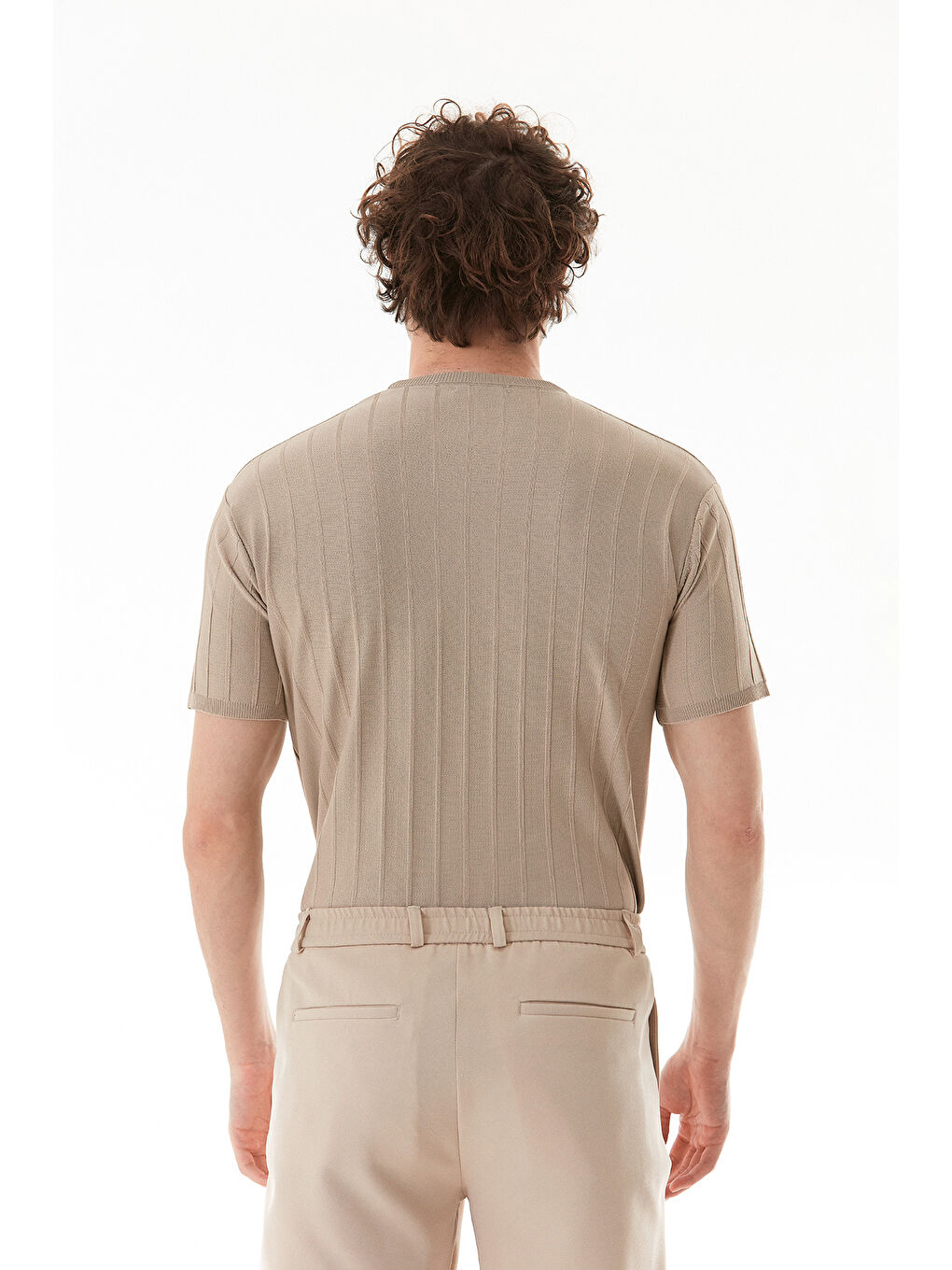 Bej Şeritli Bisiklet Yaka Triko Tişört-2