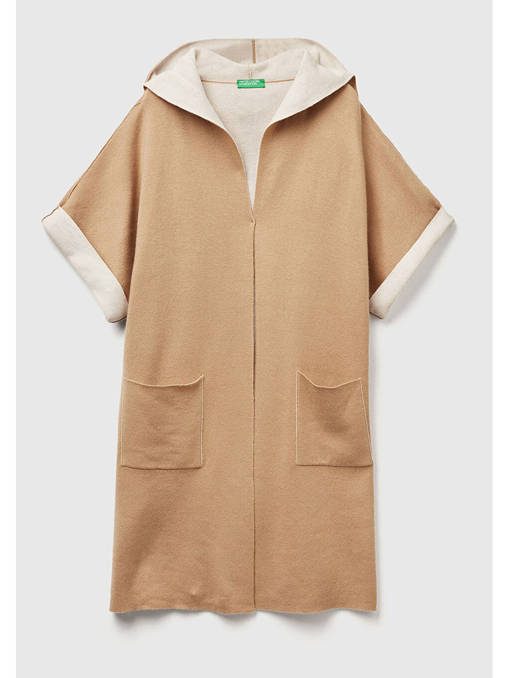 Kadın Kahverengi  Pamuk ve Yün Karışımlı Çift Taraflı Kapüşonlu Kısa Kol Hırka-1