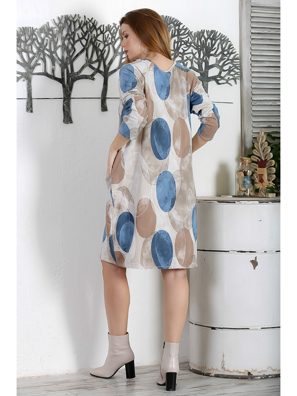 İtalyan Bej-Mavi Yuvarlak Yaka Uzun Kol Cepli Allover Baskılı 2 İplik Şardonsuz Casual Örme Elbise-7