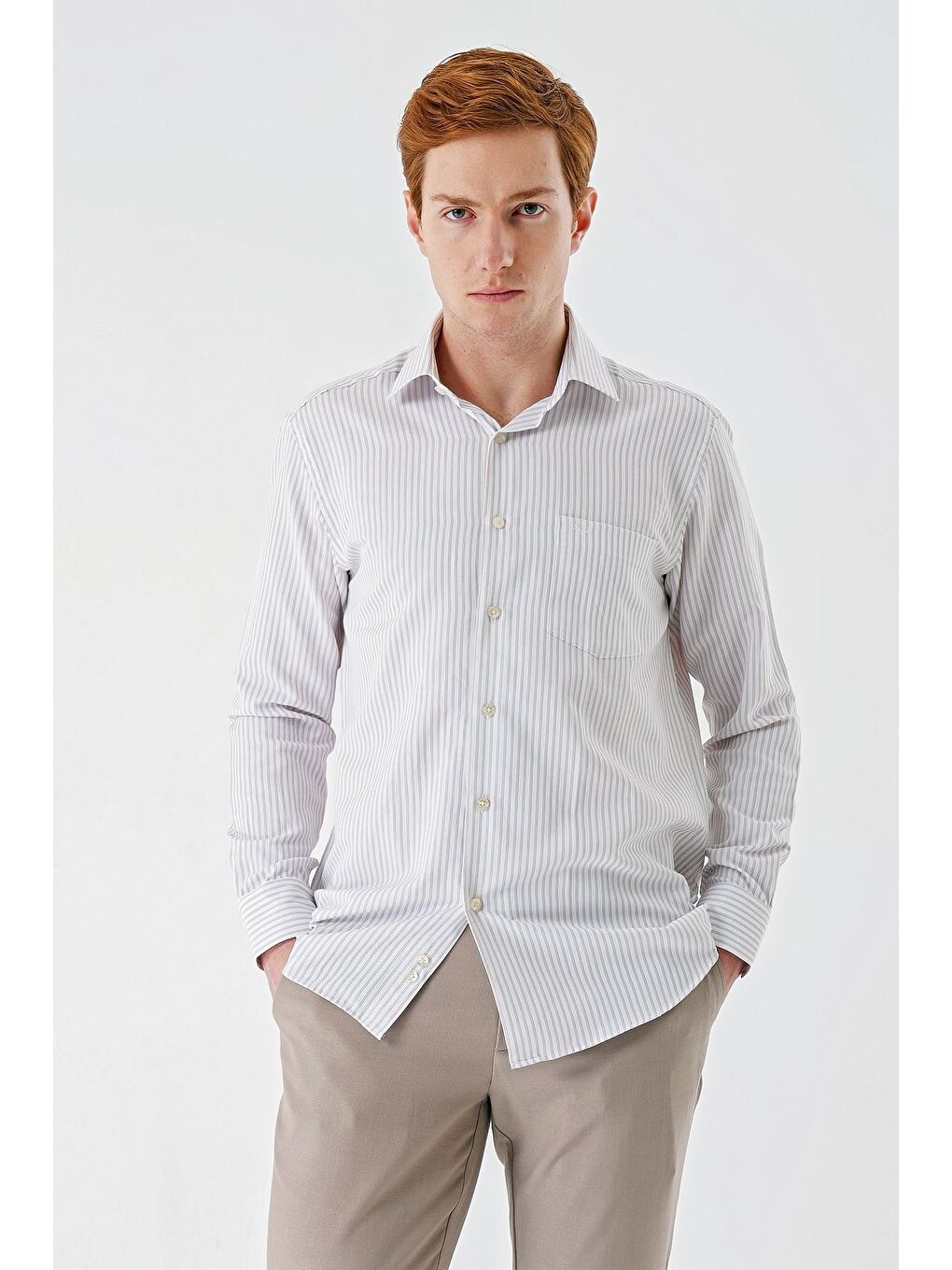 Bej Uzun Kollu Çizgili İtalyan Yaka Cepsiz Garnili Pamuklu Klasik Slim Fit Gömlek 1004240151-2