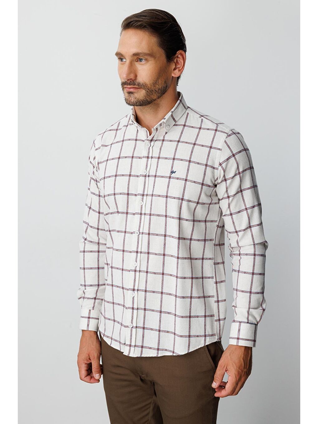 Kahverengi Ekru Dynamic Fit Düğmeli Yaka Ekose Uzun Kollu Pamuklu Gömlek-1