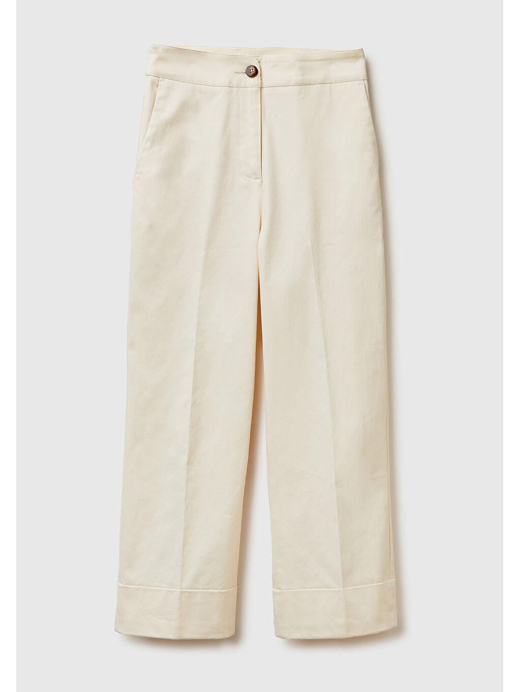 Ekru Kadın Krem Pamuk Karışımlı Düğmeli Paçası Katlamalı Pantolon-1