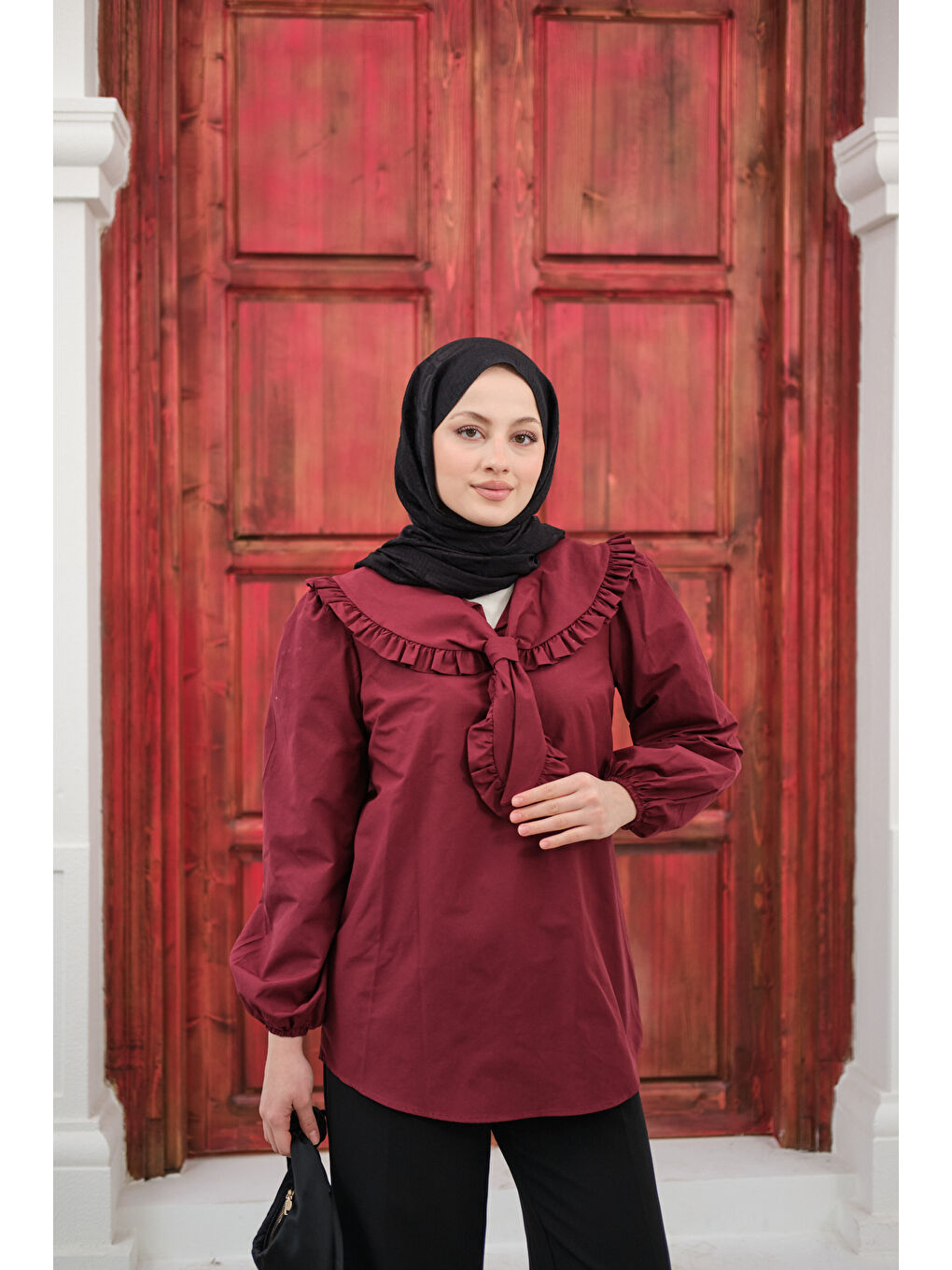 Kadın Yakası Fırfırlı Basic Gömlek Bordo-4
