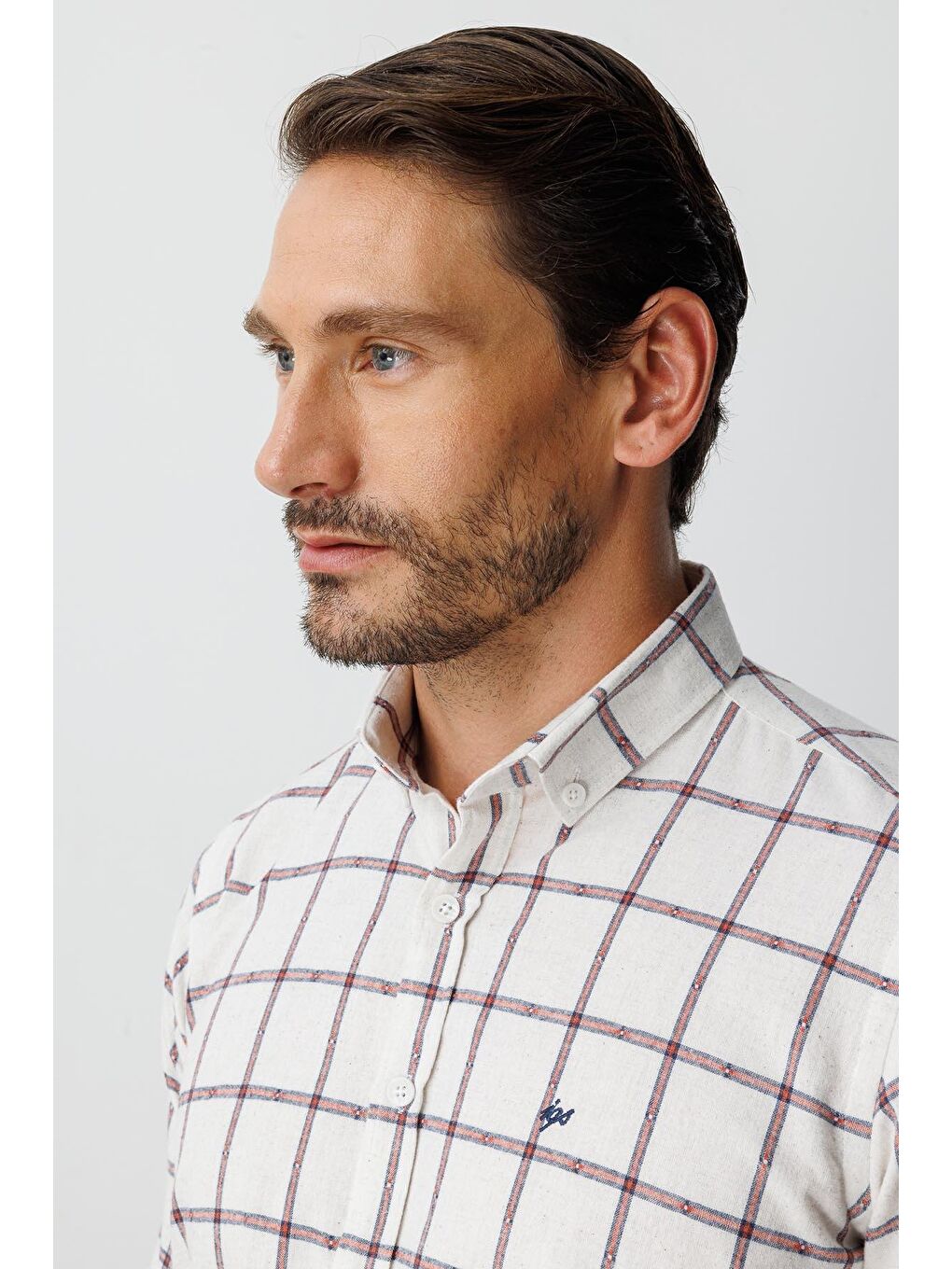 Kahverengi Ekru Dynamic Fit Düğmeli Yaka Ekose Uzun Kollu Pamuklu Gömlek-2