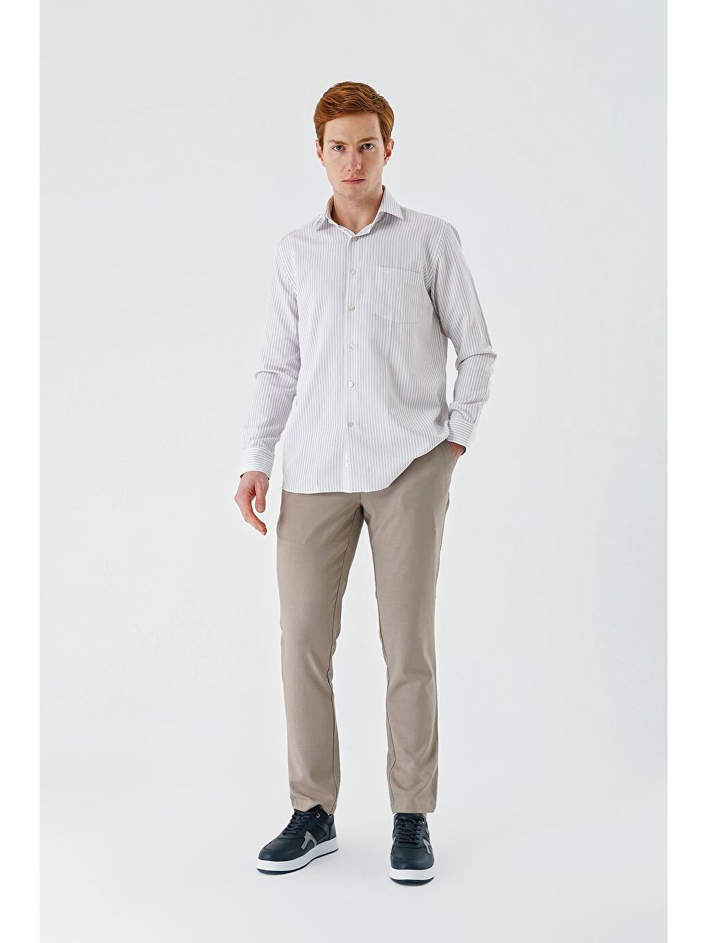 Bej Uzun Kollu Çizgili İtalyan Yaka Cepsiz Garnili Pamuklu Klasik Slim Fit Gömlek 1004240151-3