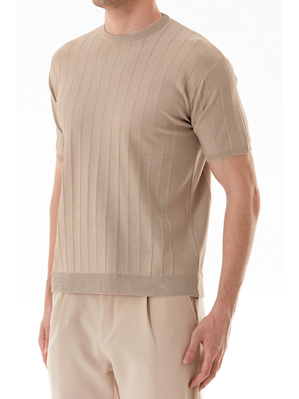 Bej Şeritli Bisiklet Yaka Triko Tişört-3