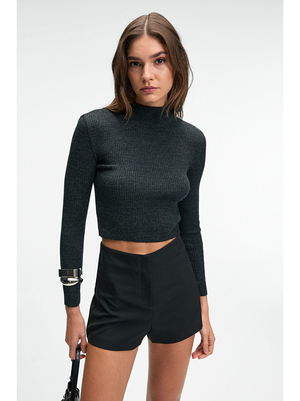 Calıda Kadın Dik Yaka Fitilli Görünümlü Slim Fit Triko Antrasit Kazak-2