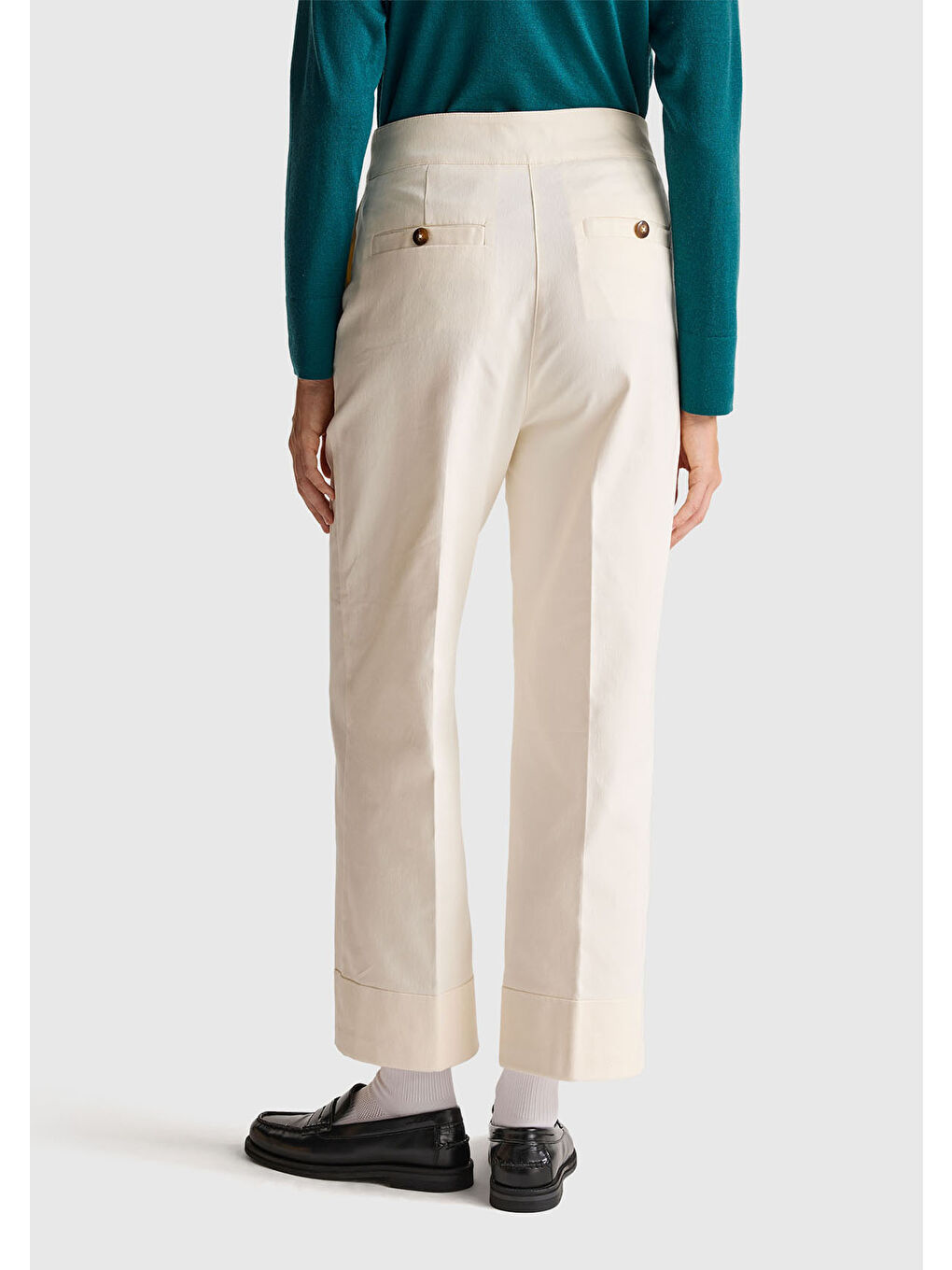 Ekru Kadın Krem Pamuk Karışımlı Düğmeli Paçası Katlamalı Pantolon-2