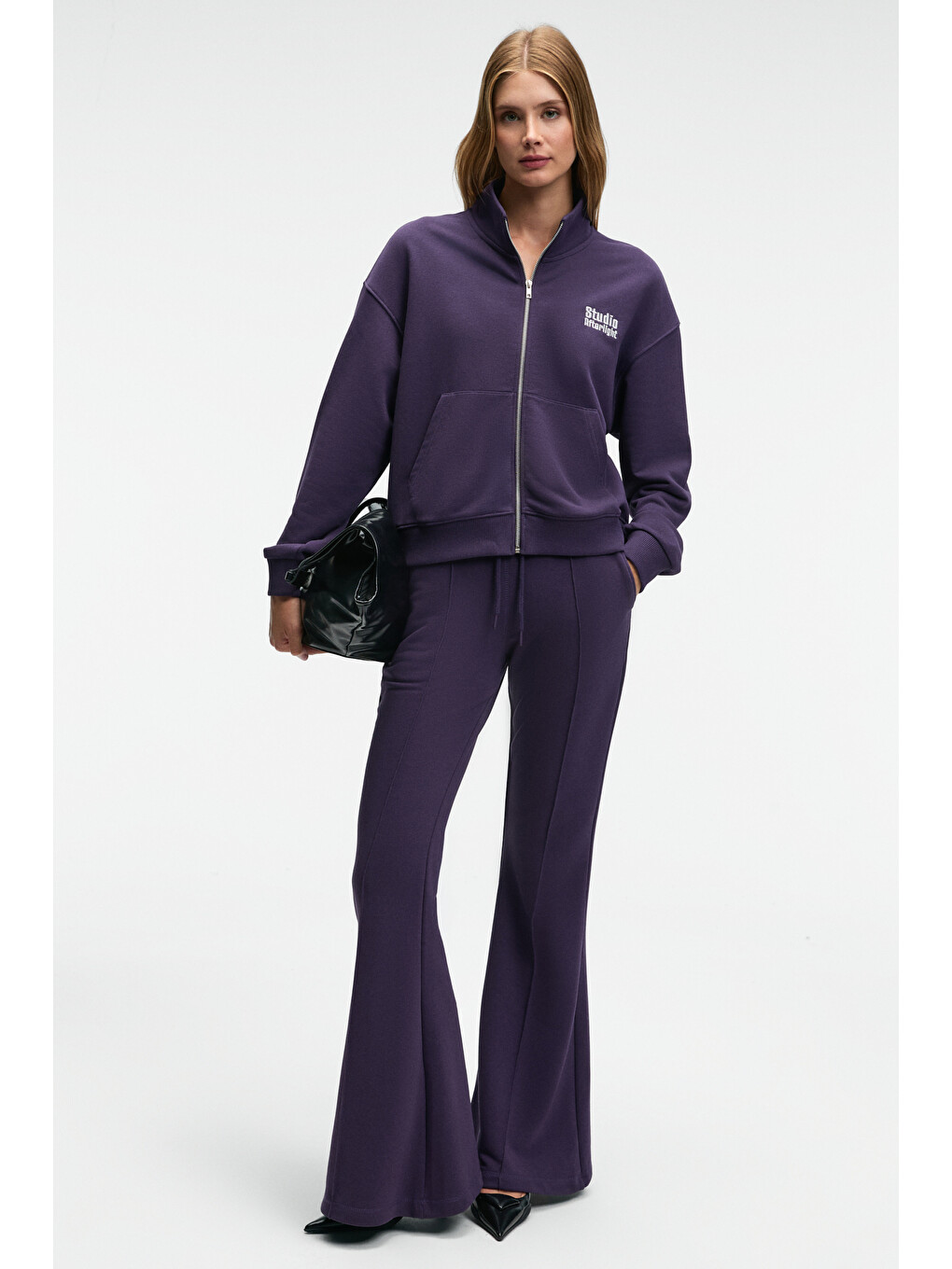 Torına Kadın Nakış Detaylı Fermuarlı Çift Cepli Relax Mor Sweatshirt-3