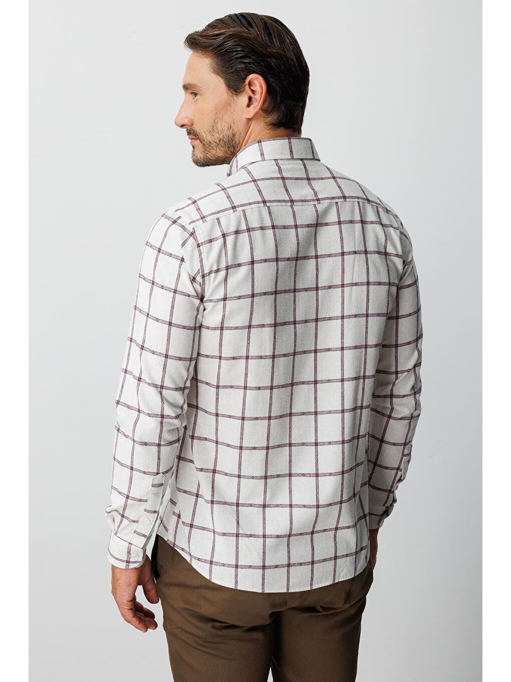 Kahverengi Ekru Dynamic Fit Düğmeli Yaka Ekose Uzun Kollu Pamuklu Gömlek-3