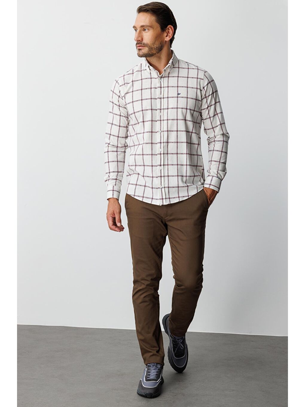 Kahverengi Ekru Dynamic Fit Düğmeli Yaka Ekose Uzun Kollu Pamuklu Gömlek-4