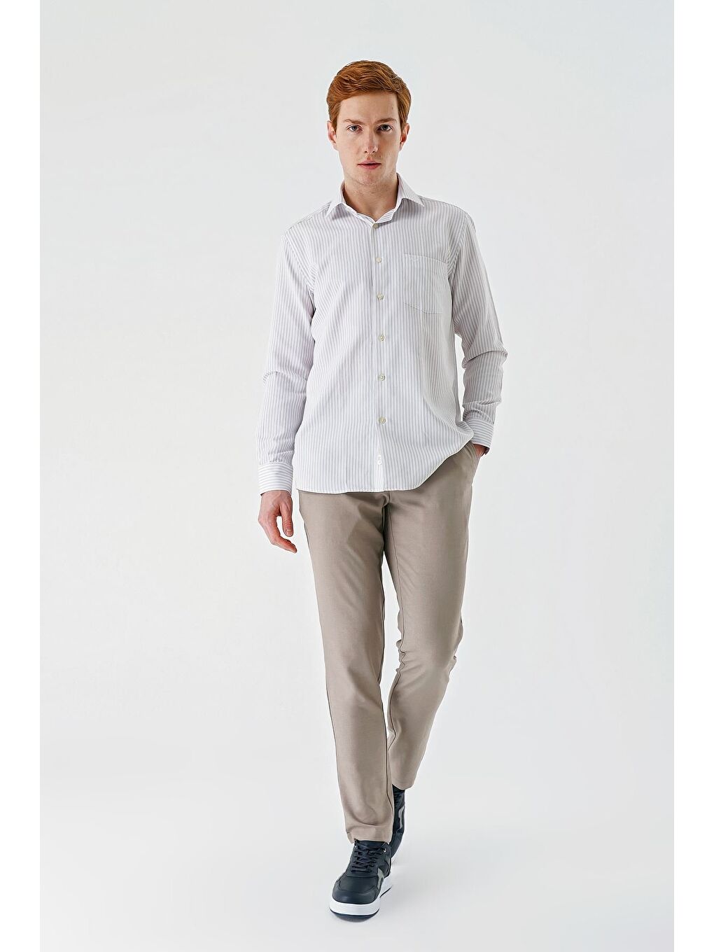 Bej Uzun Kollu Çizgili İtalyan Yaka Cepsiz Garnili Pamuklu Klasik Slim Fit Gömlek 1004240151-4