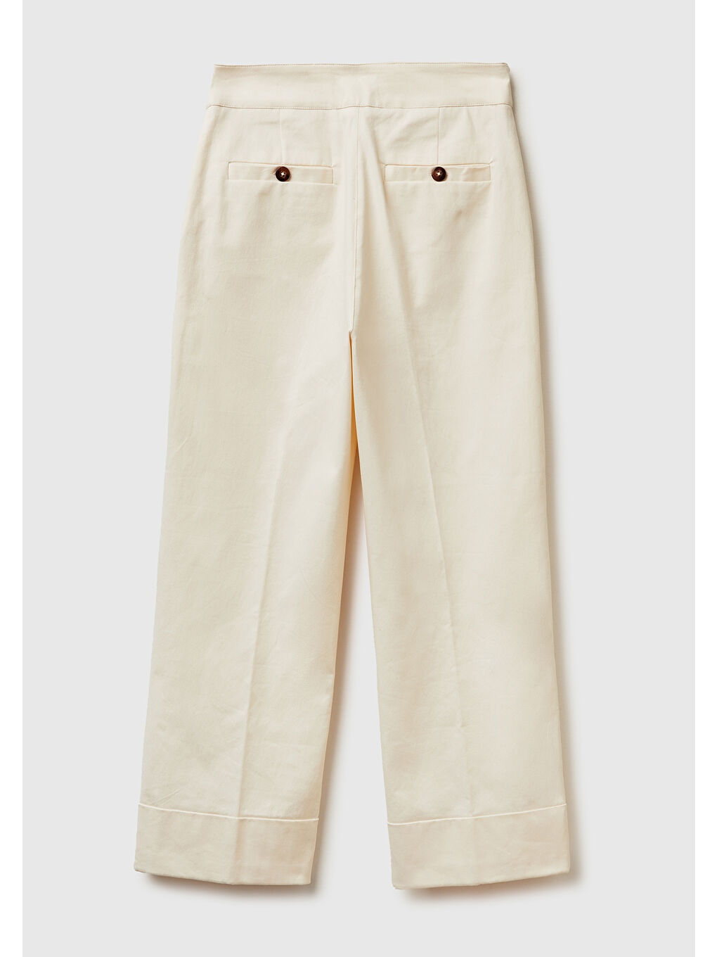 Ekru Kadın Krem Pamuk Karışımlı Düğmeli Paçası Katlamalı Pantolon-3