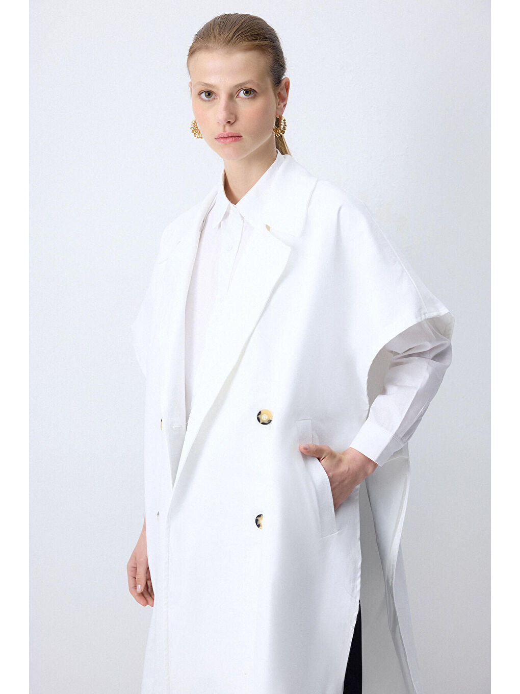 Beyaz Kruvaze Gabardin Trençkot-3