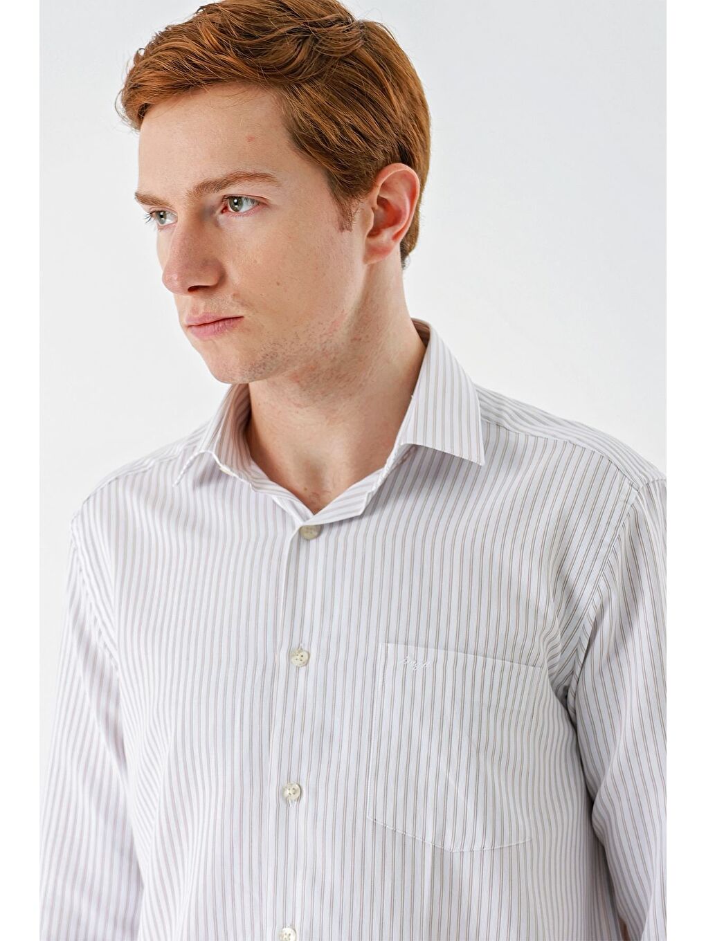 Bej Uzun Kollu Çizgili İtalyan Yaka Cepsiz Garnili Pamuklu Klasik Slim Fit Gömlek 1004240151-5