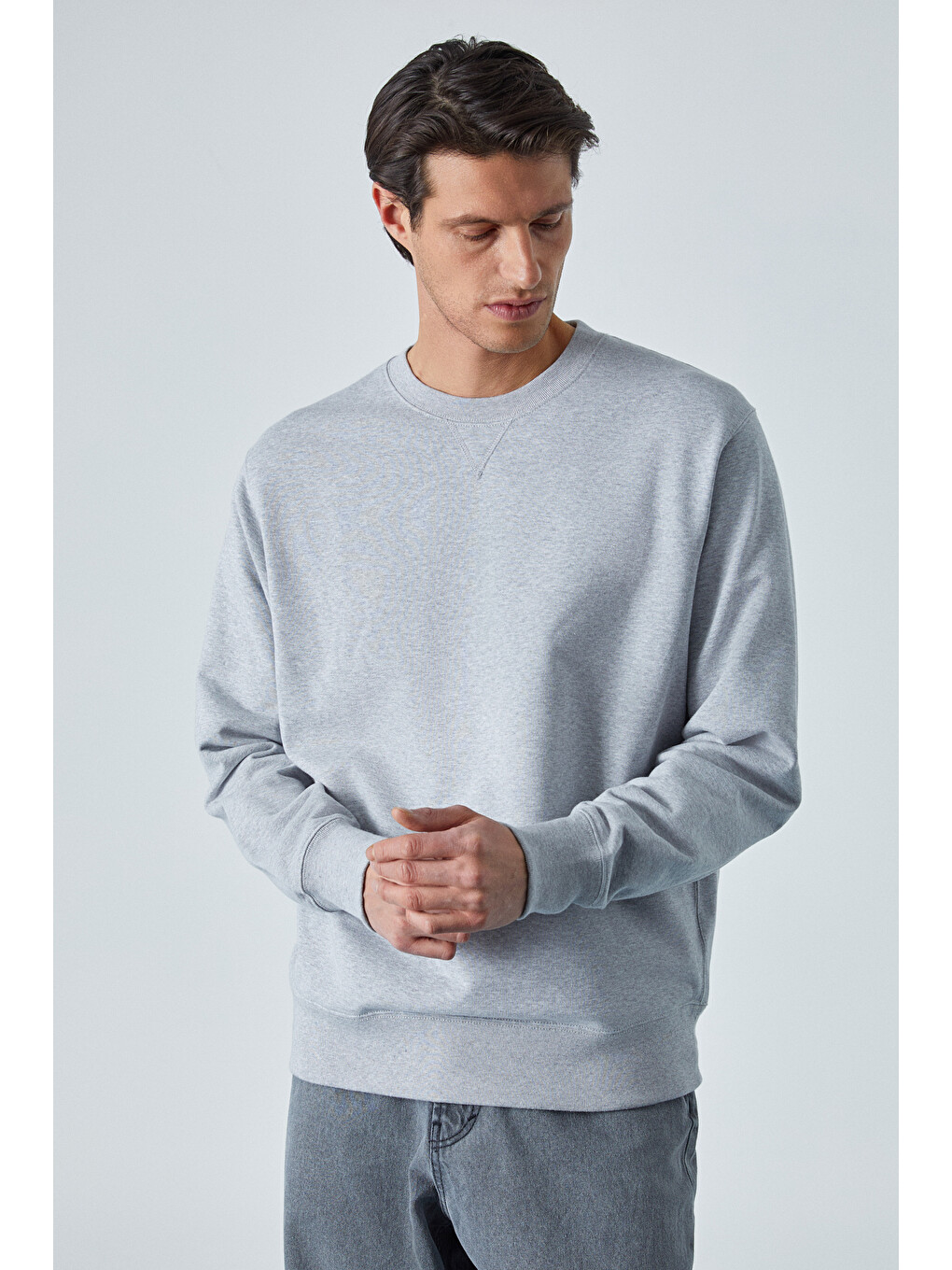 Bonell Erkek %100 Pamuk Relaxed Bisiklet Yaka Uzun Kollu Gri Melanj Sweatshirt-2