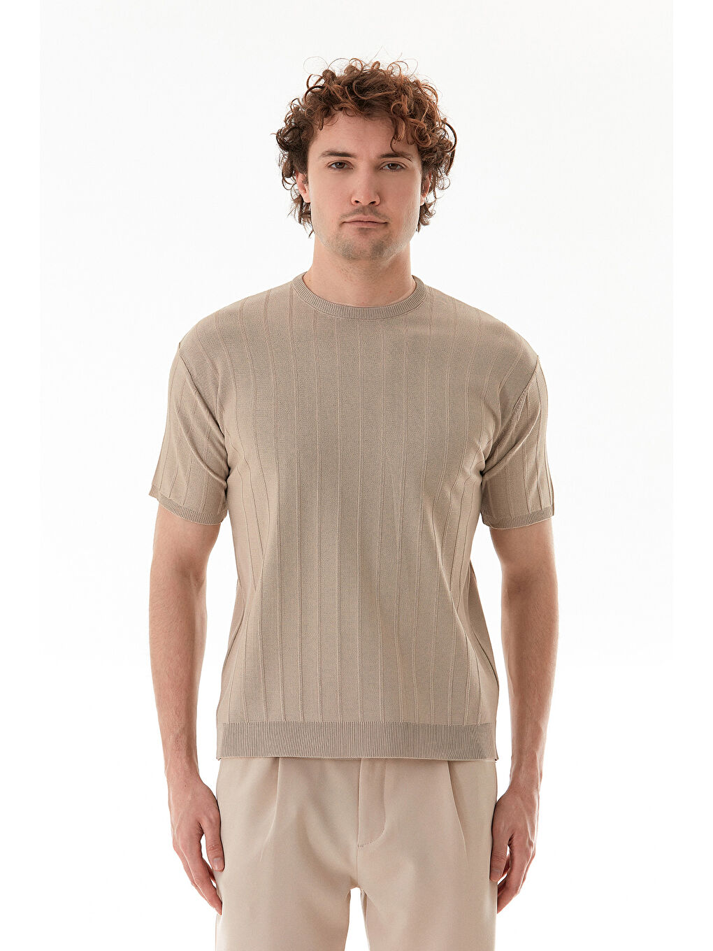 Bej Şeritli Bisiklet Yaka Triko Tişört-4