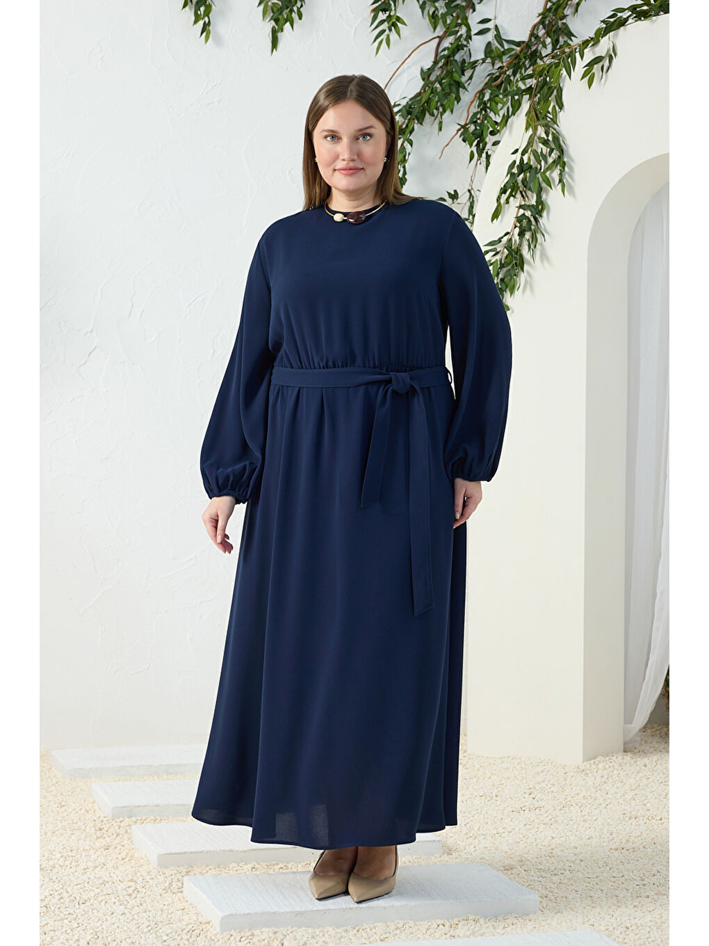 Lacivert Bel ve Kol Ucu Lastik Detaylı Elbise-2