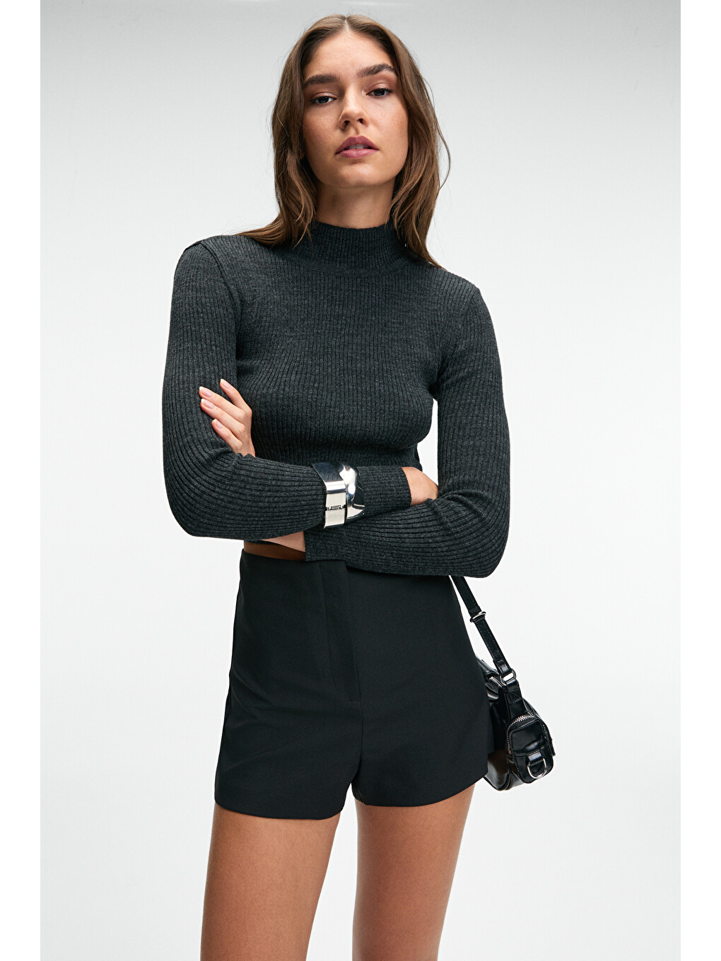 Calıda Kadın Dik Yaka Fitilli Görünümlü Slim Fit Triko Antrasit Kazak-3
