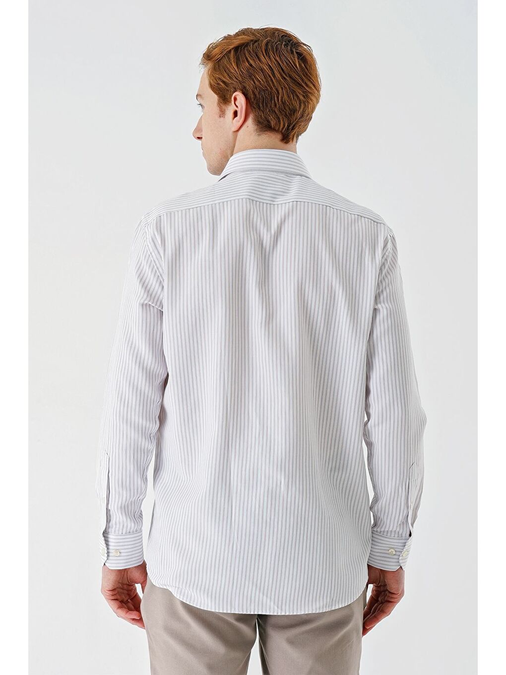 Bej Uzun Kollu Çizgili İtalyan Yaka Cepsiz Garnili Pamuklu Klasik Slim Fit Gömlek 1004240151-6