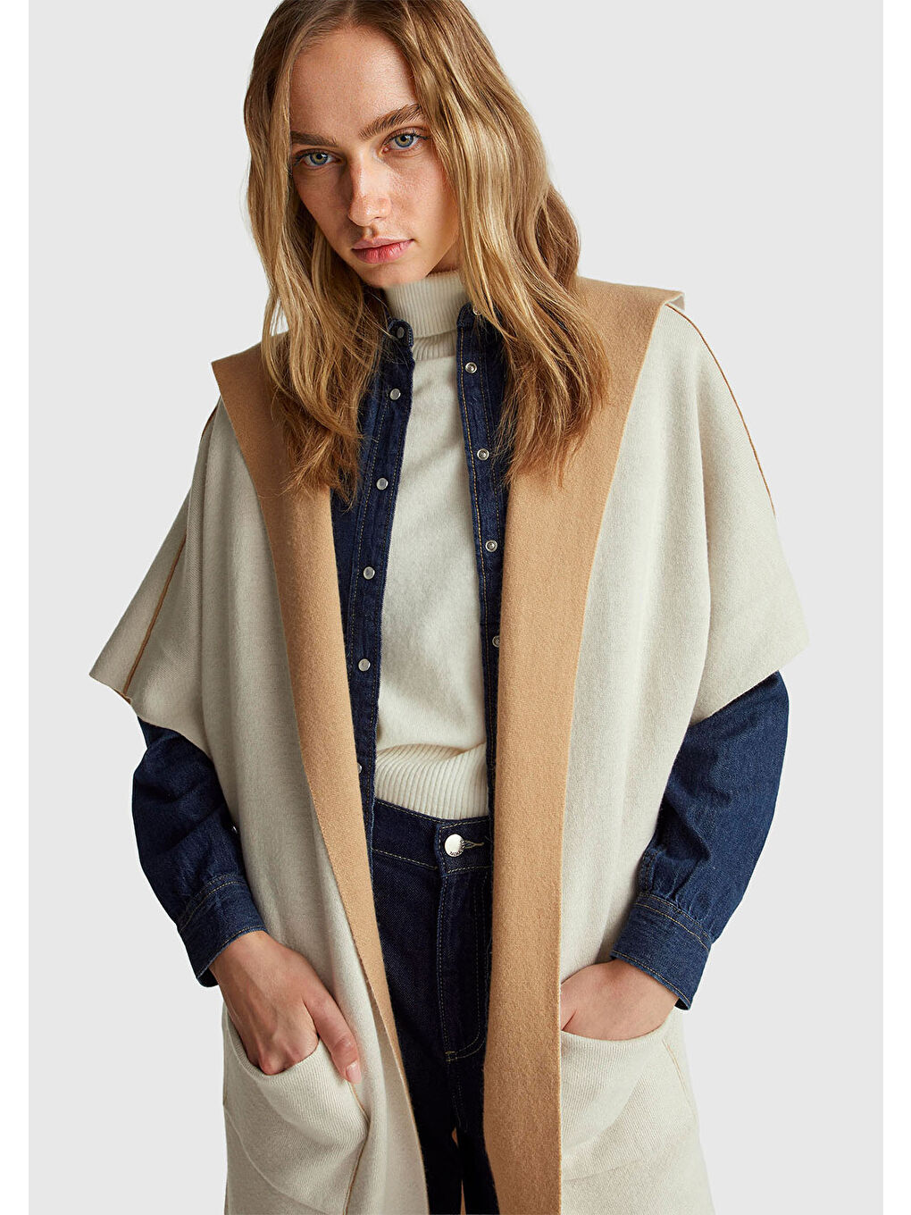 Kadın Kahverengi  Pamuk ve Yün Karışımlı Çift Taraflı Kapüşonlu Kısa Kol Hırka-5