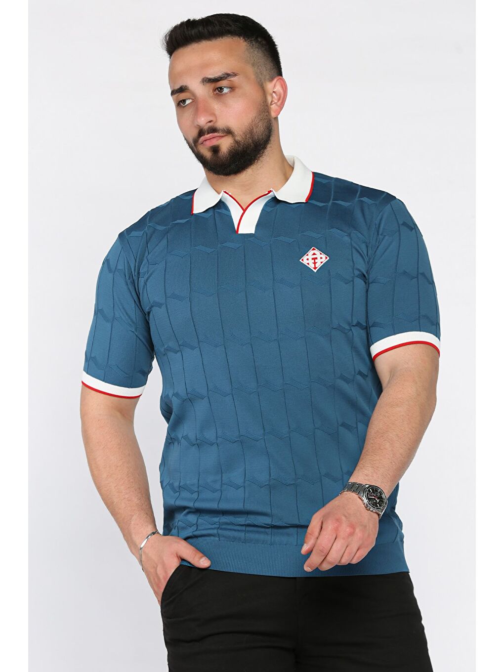 İndigo Polo Yaka Desenli Triko Tişört