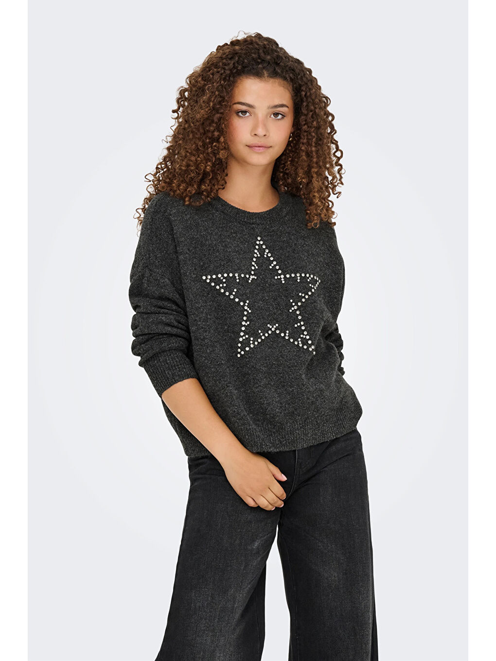 Gri Onlrenata Yün Karışım Regular Fit Yıldız Desenli Kadın Kazak 15353062