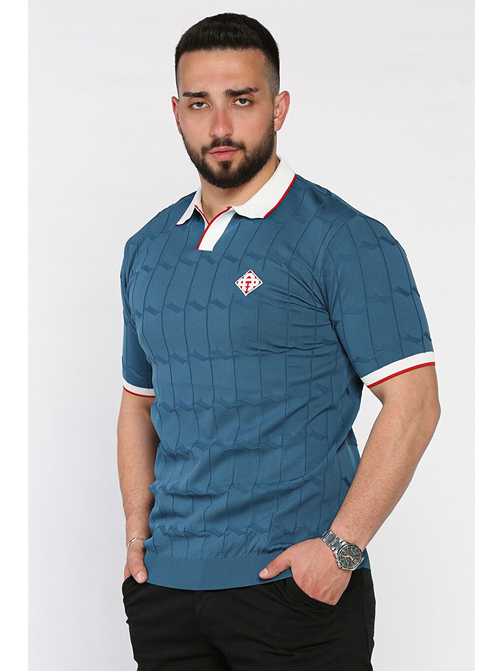 İndigo Polo Yaka Desenli Triko Tişört-1