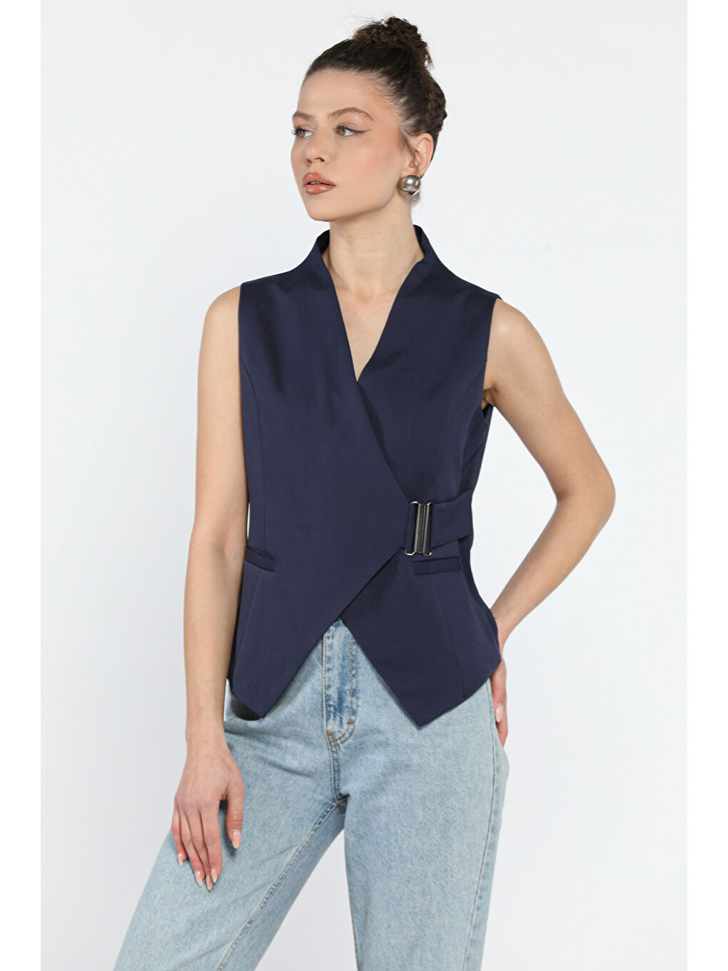 Lacivert Kemer Detaylı Astarlı Kadın Yelek-1