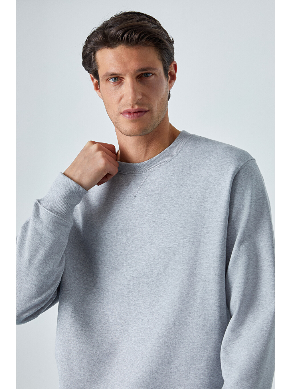 Bonell Erkek %100 Pamuk Relaxed Bisiklet Yaka Uzun Kollu Gri Melanj Sweatshirt-3