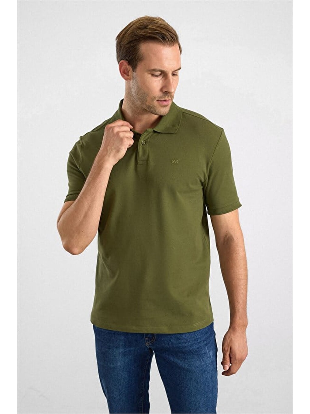 Haki Regular Düz Nakışlı Pike Düğmeli Polo Yaka Tişört-2