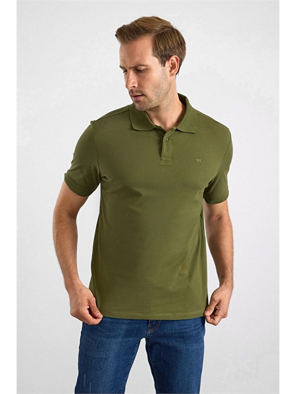 Haki Regular Düz Nakışlı Pike Düğmeli Polo Yaka Tişört-3