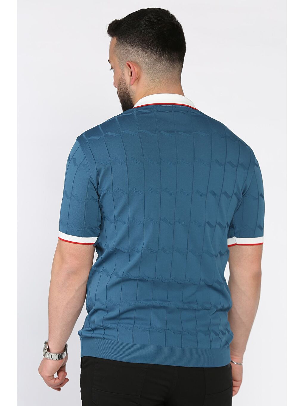 İndigo Polo Yaka Desenli Triko Tişört-2