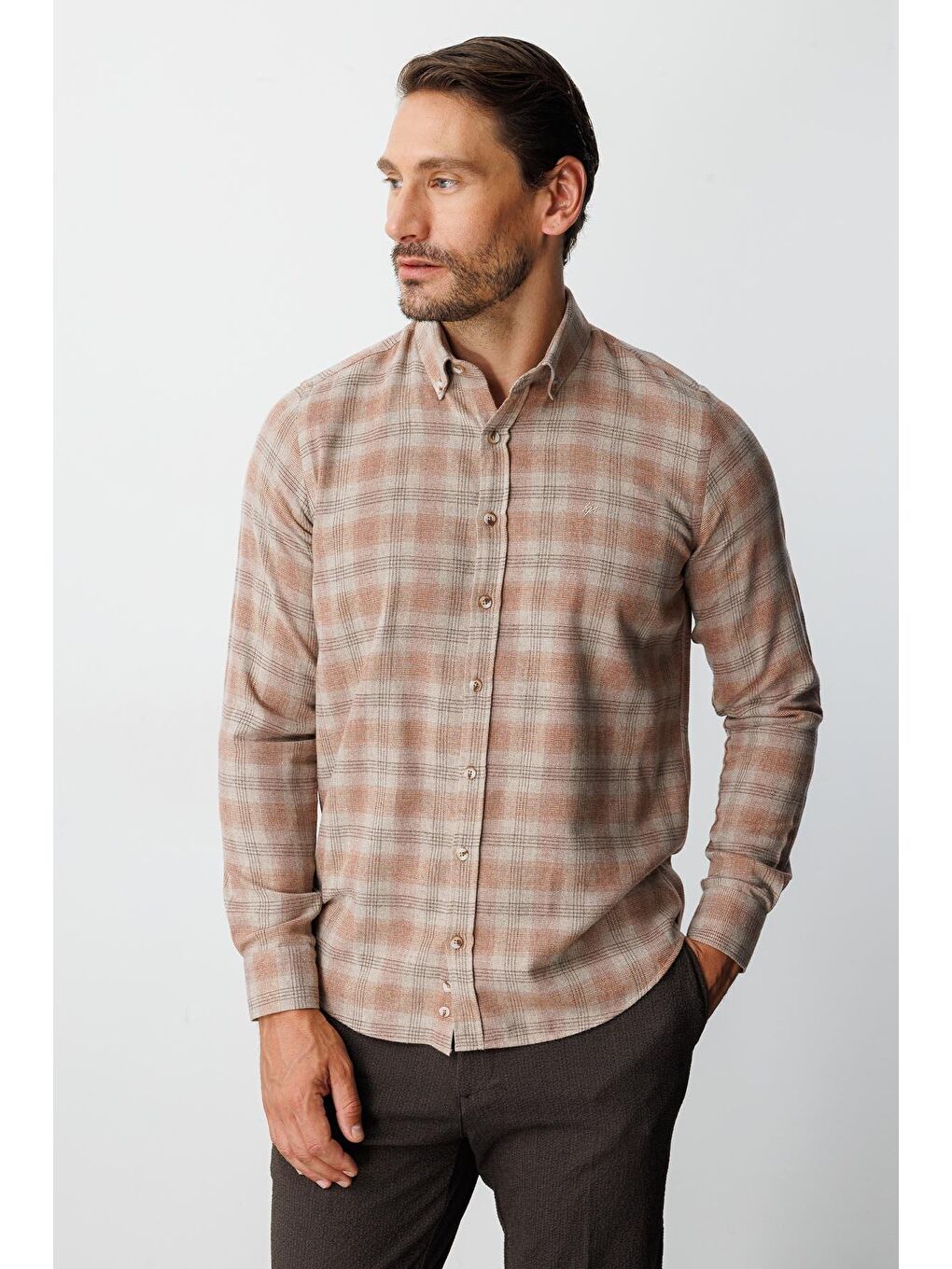 Kahverengi Kiremit Dynamic Fit Düğmeli Yaka Ekose Uzun Kollu Pamuklu Gömlek-1