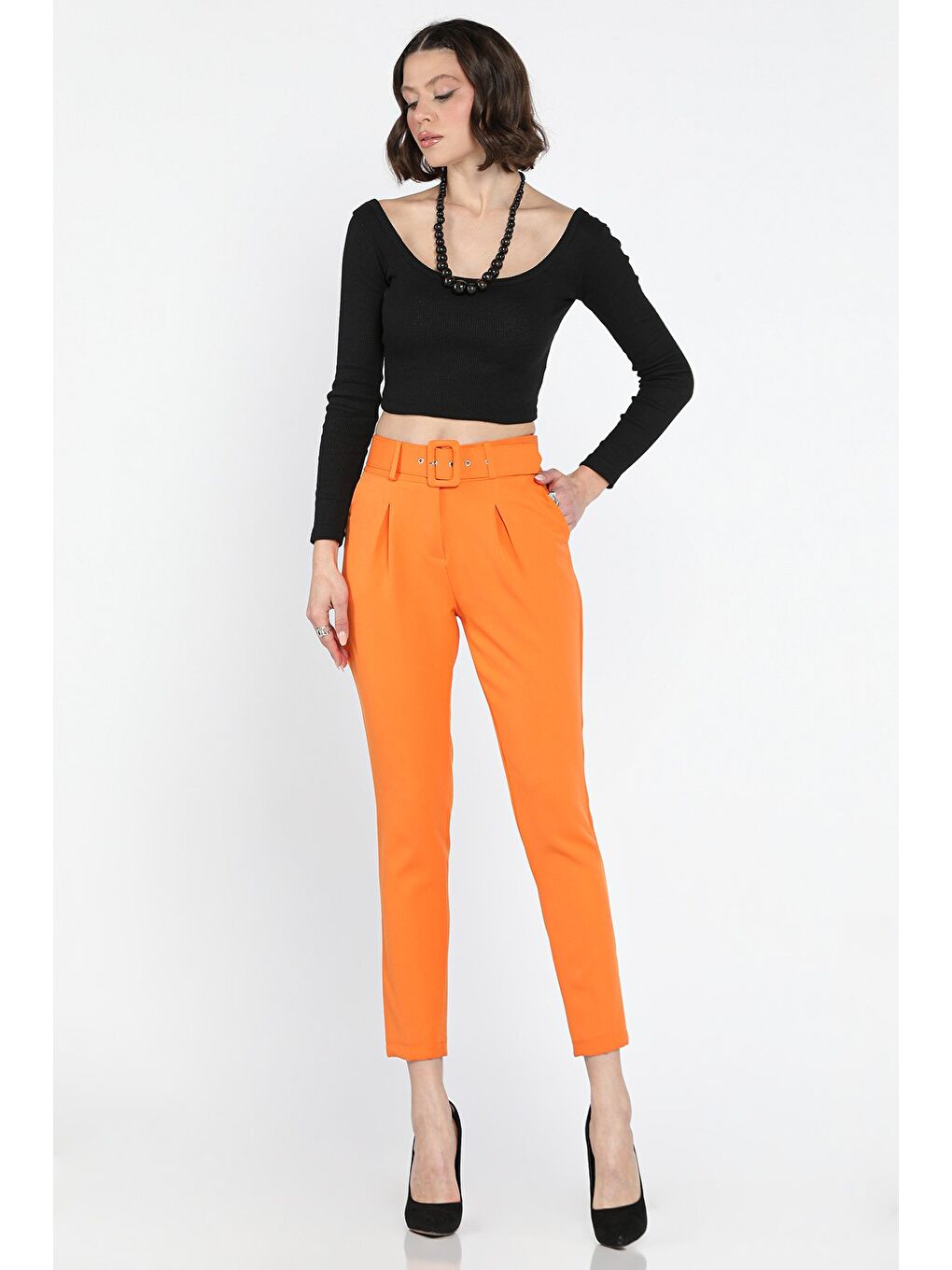 Turuncu Kemerli Kadın Kumaş Pantolon-1